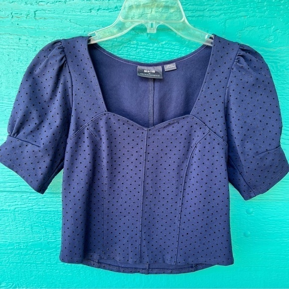 MAEVE SWISS DOT MILKMAID CORSET PUFF SLEEVES NAVY BLOUSE SZ SMALL EUC - Picture 3 of 8